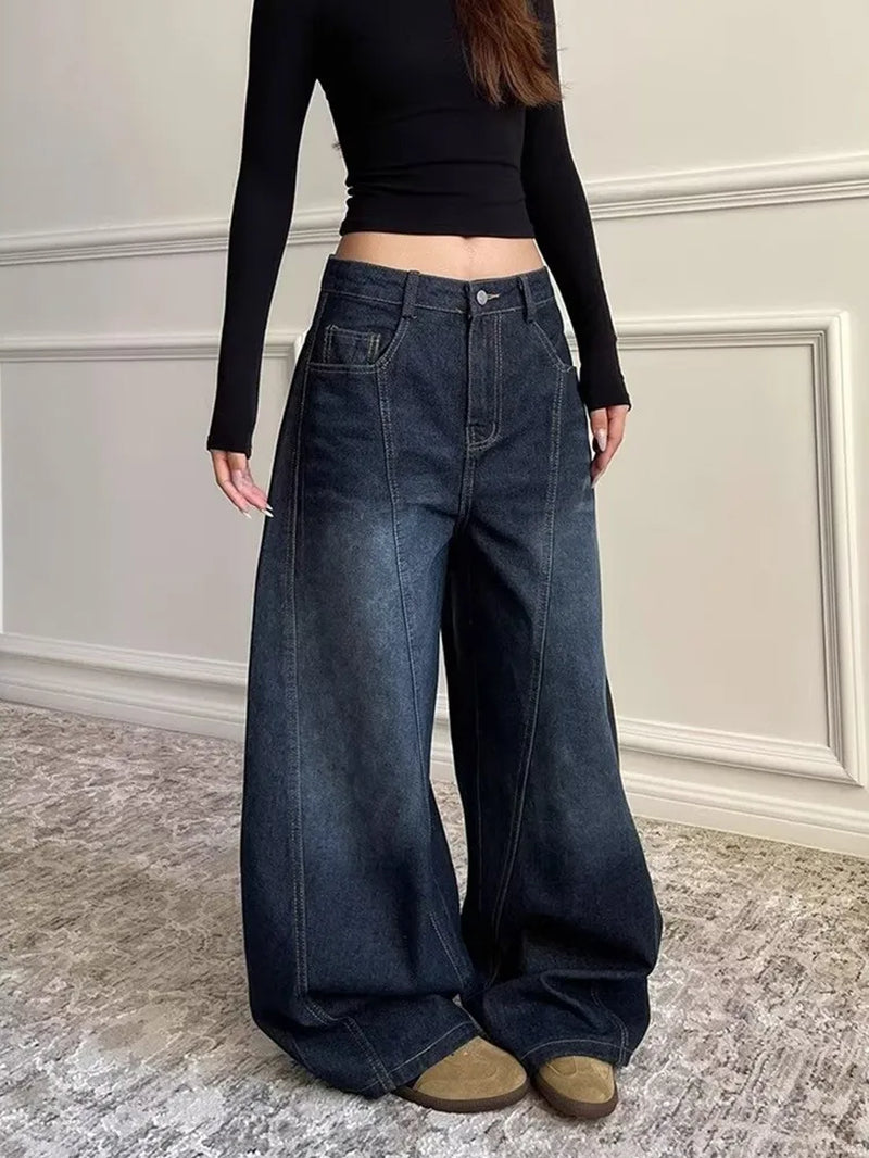 2025 Ropa Y2K Fashion Letter Embroidery Vintage Dark Blue Baggy Jeans Pants Women Clothing New Rock Wide Leg Lady Denim Trousers