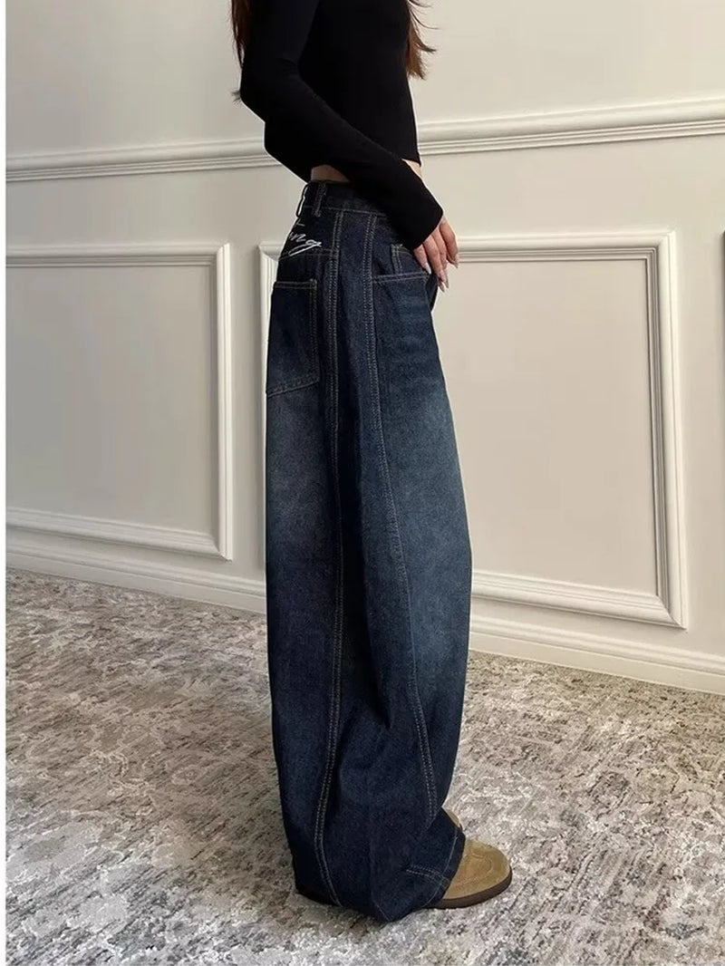 2025 Ropa Y2K Fashion Letter Embroidery Vintage Dark Blue Baggy Jeans Pants Women Clothing New Rock Wide Leg Lady Denim Trousers