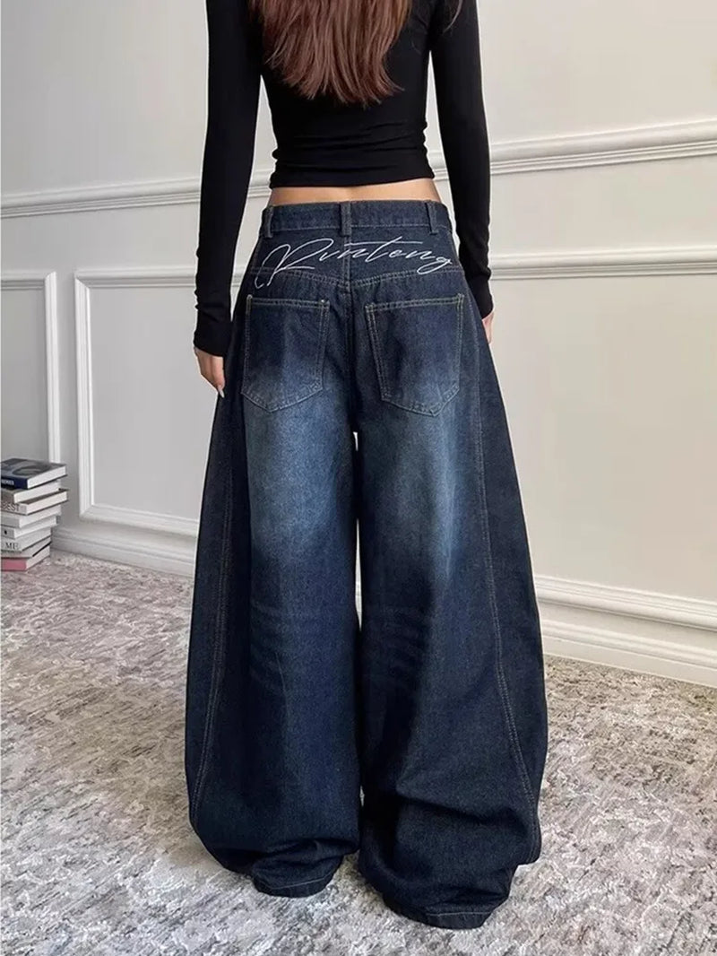 2025 Ropa Y2K Fashion Letter Embroidery Vintage Dark Blue Baggy Jeans Pants Women Clothing New Rock Wide Leg Lady Denim Trousers