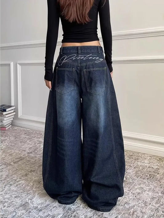 2025 Ropa Y2K Fashion Letter Embroidery Vintage Dark Blue Baggy Jeans Pants Women Clothing New Rock Wide Leg Lady Denim Trousers
