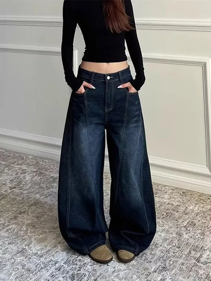 2025 Ropa Y2K Fashion Letter Embroidery Vintage Dark Blue Baggy Jeans Pants Women Clothing New Rock Wide Leg Lady Denim Trousers