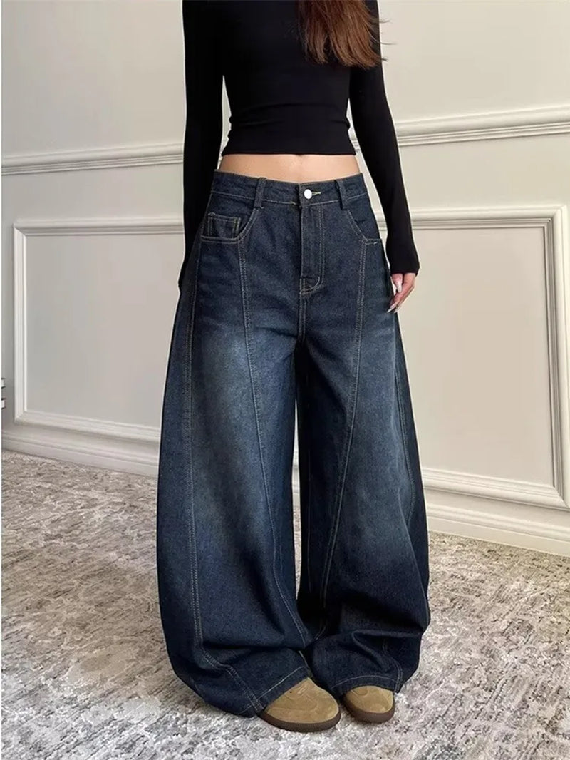 2025 Ropa Y2K Fashion Letter Embroidery Vintage Dark Blue Baggy Jeans Pants Women Clothing New Rock Wide Leg Lady Denim Trousers
