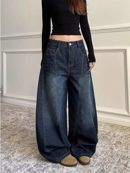 2025 Ropa Y2K Fashion Letter Embroidery Vintage Dark Blue Baggy Jeans Pants Women Clothing New Rock Wide Leg Lady Denim Trousers