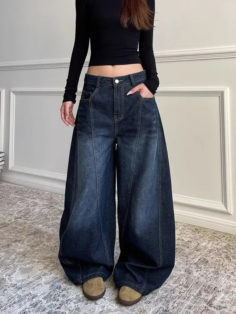 2025 Ropa Y2K Fashion Letter Embroidery Vintage Dark Blue Baggy Jeans Pants Women Clothing New Rock Wide Leg Lady Denim Trousers