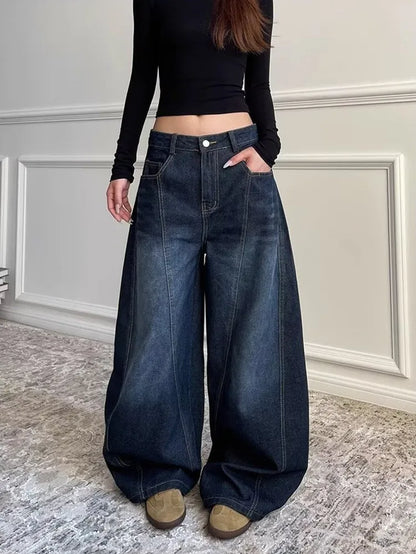 2025 Ropa Y2K Fashion Letter Embroidery Vintage Dark Blue Baggy Jeans Pants Women Clothing New Rock Wide Leg Lady Denim Trousers